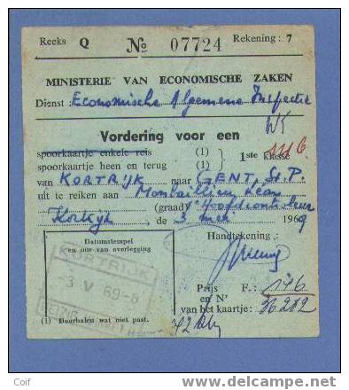 Stempel KORTRIJK Op "Vordering Voor Een Spoorkaartje / Bulletin De Réquisition Pour Un Billet De Chemin De Fer" - Altri & Non Classificati