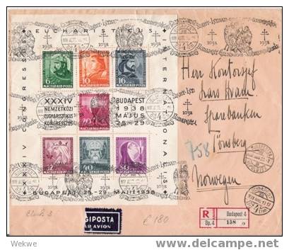 593 / UNGARN – 1938 Block  3 Auf Einschreibebrief Nach Norwegen (Tönsky)  Mit Sonderstempel - Lettres & Documents