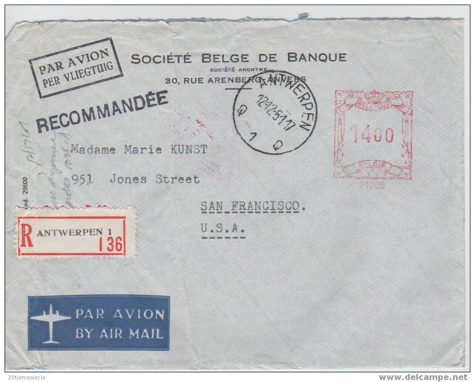 Belgique/Belgie Antwerpen 1951 C.méc.B1065 étiq.recom.PA V.San Francisco (USA)c.arrivée 822 - Other & Unclassified