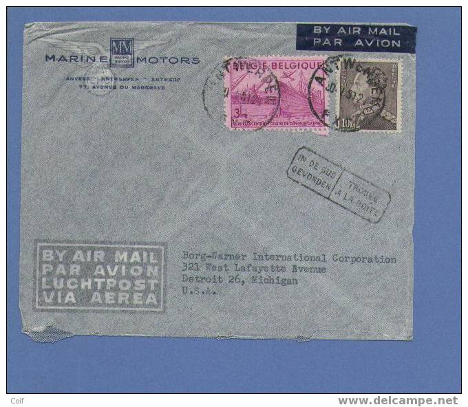 770+848A Op Luchtpostbrief Met Stempel ANTWERPEN En Stempel  IN DE BUS../ TROUVE A LA .... - 1936-51 Poortman