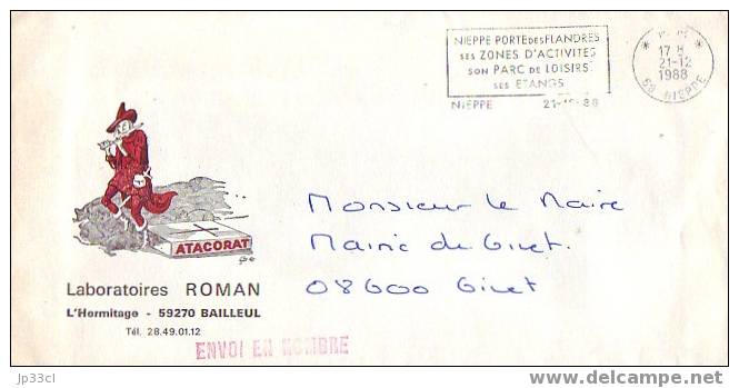 Joueur De Flûte De Hamelin Avec Rats Sur Lettre Des Laboratoires Roman, Bailleul, Avec Flamme Nieppe (21/12/1988) - Autres & Non Classés