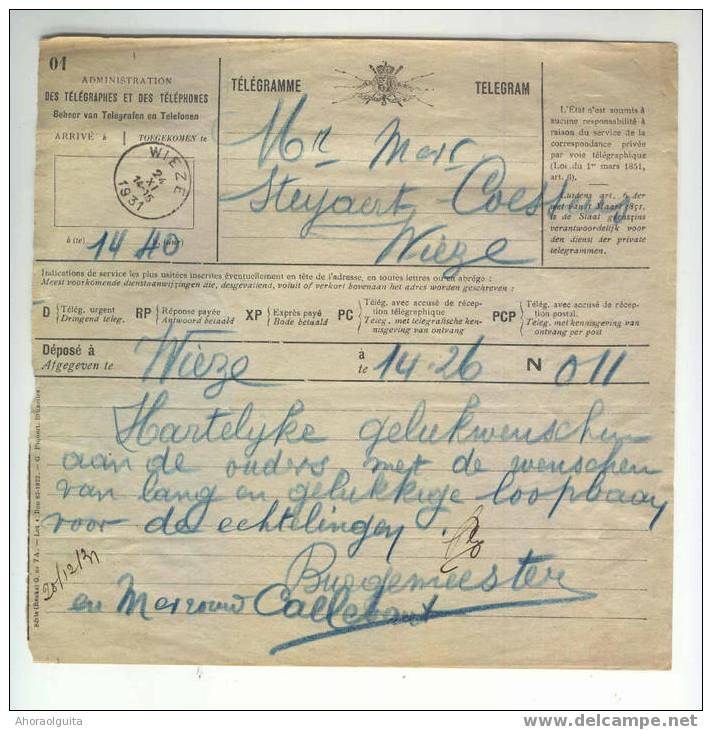 TELEGRAMME Cachet Postal (Moins Courant) WIEZE 1931     --  4/744 - Timbres Télégraphes [TG]