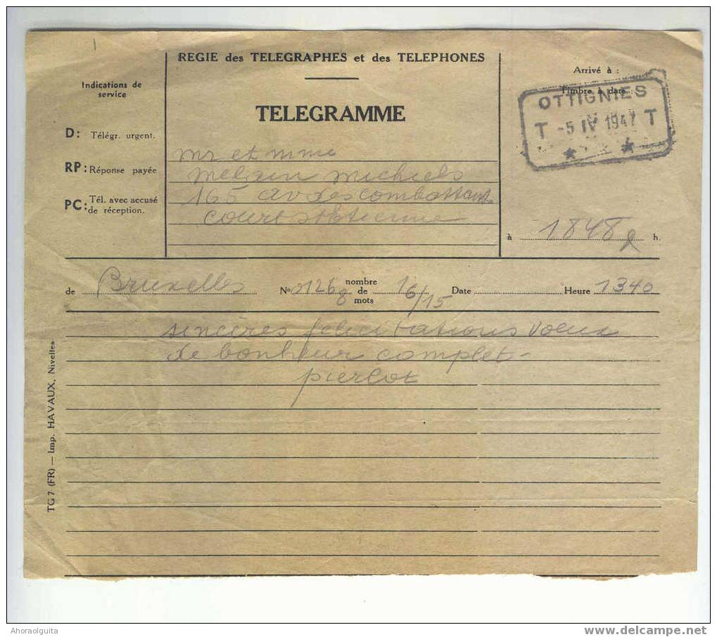 TELEGRAMME Déposé à BXL Vers Cachet Télégraphique TT OTTIGNIES 1947   --  4/757 - Telegraafzegels [TG]