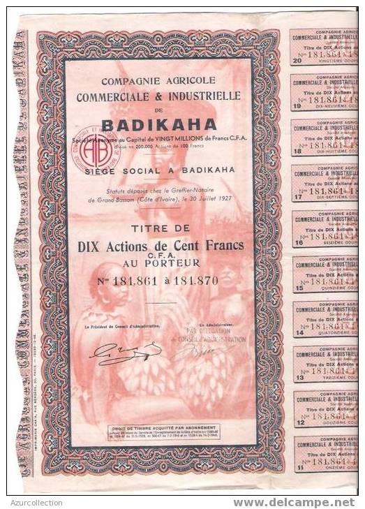 TITRE .COMPAGNIE AGRICOLE COMMERCIALE ET INDUSTRIELLE DE BADIKAHA.COTECOTE D'VOIRE - Other & Unclassified