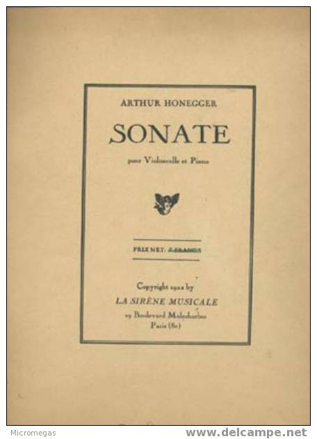 Honegger : Sonate Pour Violoncelle Et Piano - Other & Unclassified