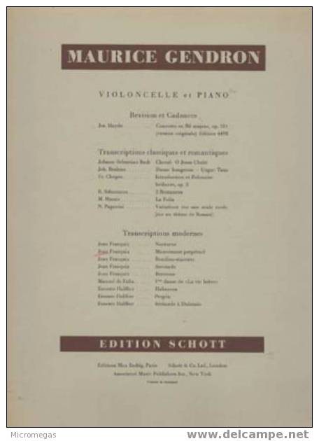 Jean Françaix : Mouvement Perpétuel Arrangé Pour Violoncelle Et Piano Par Maurice Gendron - Sonstige & Ohne Zuordnung