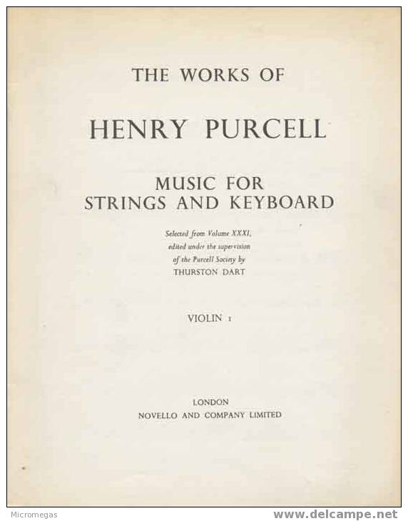 Purcell : Music For Strings And Keyboard Selected From Volume XXXI, Edited Under The Supervision Of The Purcell Society - Sonstige & Ohne Zuordnung