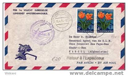 L062/  Luxemburg, KLM Erstflug – Afghanistán 1955 Mit Blumenfrankatur (Tulpen) - Storia Postale