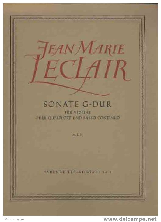 Jean-Marie Leclair : Sonate Pur Violon Ou Flûte Et Basse Continue En Sol Majeur Op.II N°5. - Andere & Zonder Classificatie