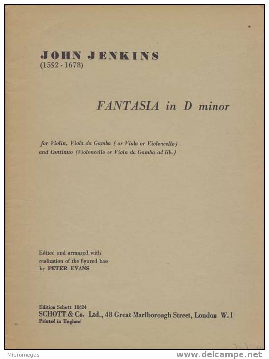 John Jenkins 1592-1678) : Fantaisie Pour Violon, Viole De Gambe ( Ou Alto, Ou Violoncelle) Et Continuo. - Altri & Non Classificati