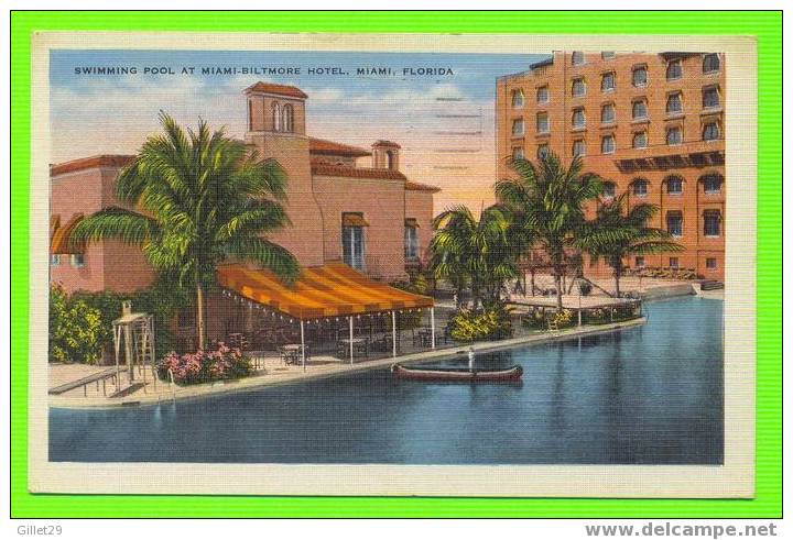 MIAMI, FL - BILTMORE HOTEL - SWIMMING POOL - ANIMATED - CARD TRAVEL IN 1935 - - Miami