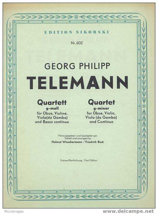 Telemann : Quatuor En Sol Mineur Pour Haurbois, Violon, Violoncelle (viole De Gambe) Et B.c. - Andere & Zonder Classificatie