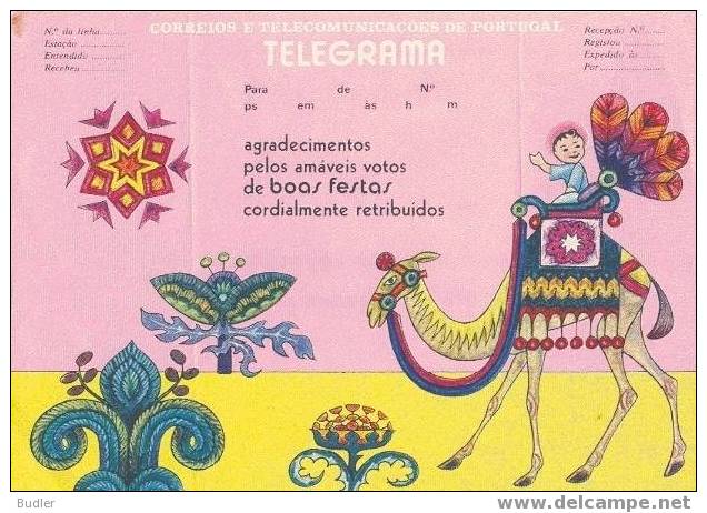 PORTUGAL ( 1972 ? ) Telegr.** : KERSTMIS,NOËL,CHRISTMAS,NEW YEAR,KAMEEL,CHAMEAU,CAMEL,ENFANT,CHILD,WENSEN,VOEUX,WISHES, - Brieven En Documenten