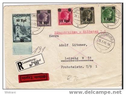 L099/  LUXEMBURG - Einschreiben/Eilboten Mit Bunter Frankatur Der 1. Überdruckausgabe 1941 - 1940-1944 Occupation Allemande