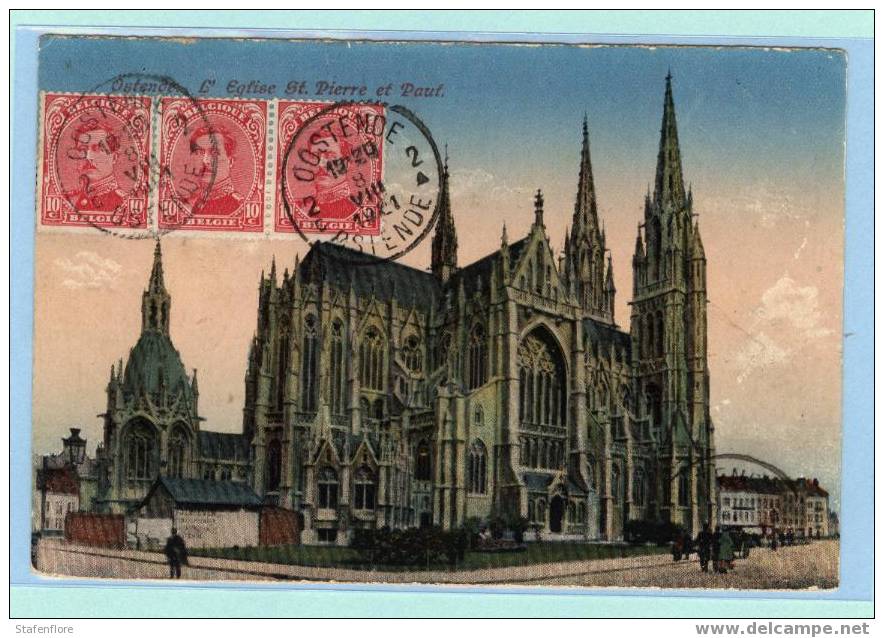 OOSTENDE ST. PIETERS EN PAULUSKERK  VOORZIEN VAN ZEER MOOI AFGESTEMPELDE ZEGELS MOOI DOCUMENT - Storia Postale