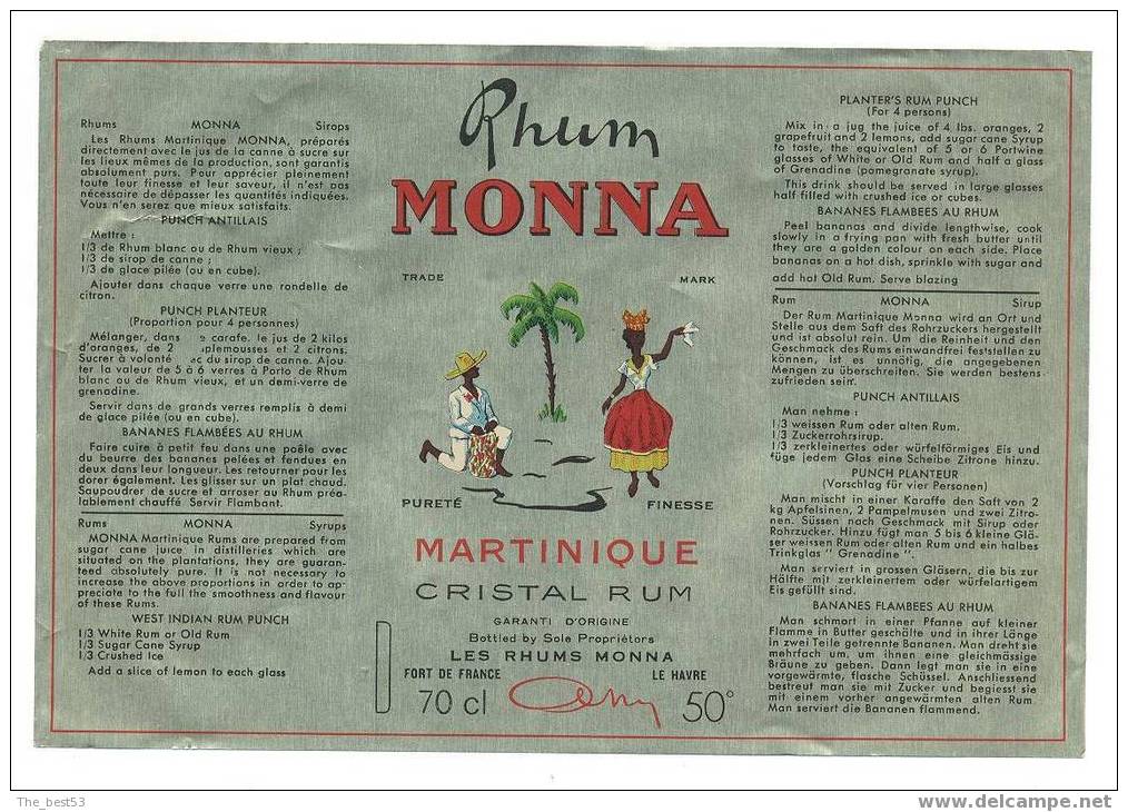 Etiquette De Rhum  -  Monna  -  Fort De France  Le Havre  -  18 X 12.3 Cm - Rum