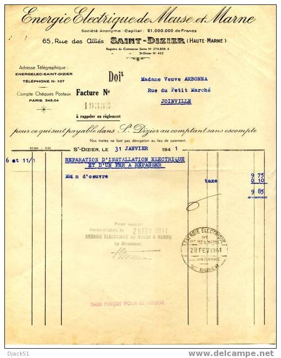 Energie Electrique De La Meuse Et Marne - 1941 - Electricité & Gaz