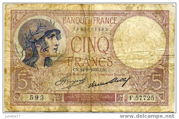 Billets - 5 FRANCS VIOLET (CN 14/09/1933 CN), 593 - F57725 - 5 F 1917-1940 ''Violet''