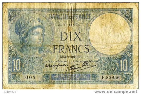 Billets - 10 FRANCS MINERVE BLEU (LH 02/01/1941 LH), 007 - F 82856 - 10 F 1916-1942 ''Minerve''