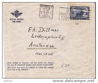 Au073 / K.L.M. Erstflug – 24. 10.  1934 –  MIT NOTLANDUNG  In Albury – Offiz. Umschlag - Cartas & Documentos