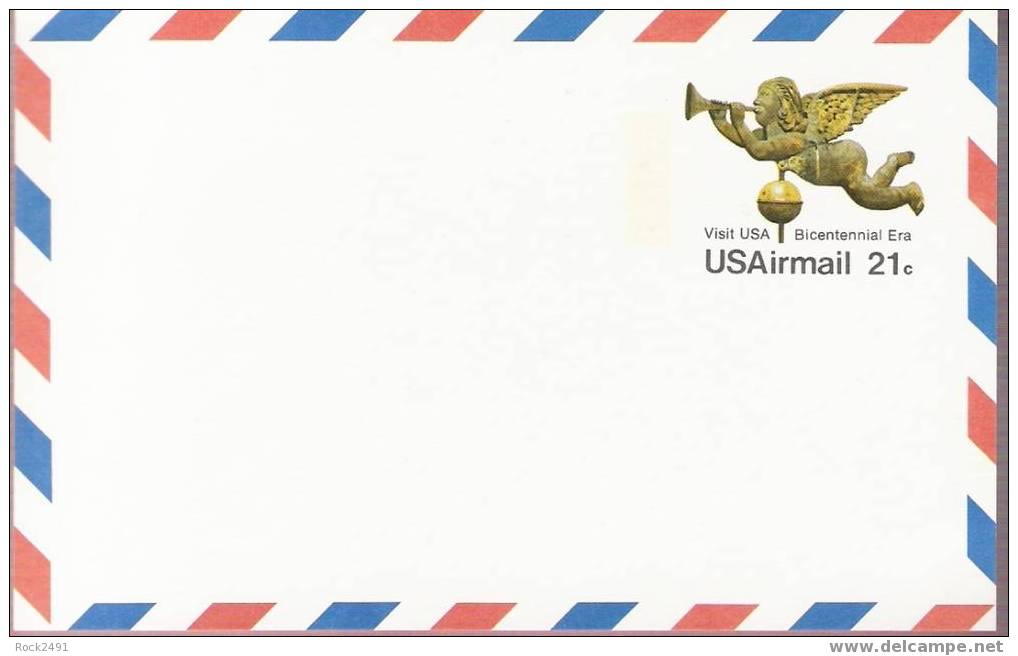 US Scott UXC16, 21-cent Air Post Card, Angel Gabriel Weathervane, Bicentennial Era, Mint - 1961-80