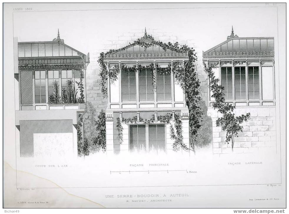 1869 Paris Une Serre Boudoir à Auteuil Naudet Gravure Tachée Au Coin Inf Gauche Voir Scan Architecte  Gravure Véritable - Historical Documents