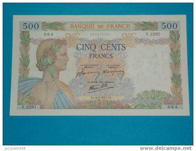 Billet) 500 Fr La Paix  - 6/2/1941  -  Tres Tres Beau Billet - 500 F 1940-1944 ''La Paix''