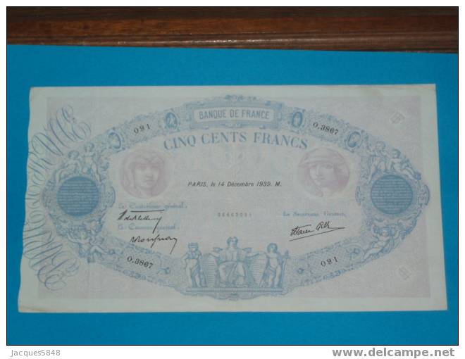 Billet) 500 Fr Bleu Et Rose   -  Tres Tres Beau Billet - 500 F 1888-1940 ''Bleu Et Rose''