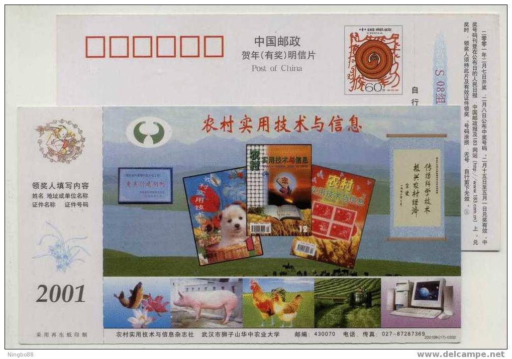 Fish,Boar Farm,Chicken,Tea,Computer,CN 01 Rural Applied Technology And Information Magazine Advert Pre-stamped Card - Informatique