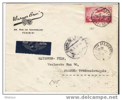 FS012/ FRANKREICH -  Flugbrief Von Warner BROS. (Filme, Cine) – Als Einzelfrankatur Nach Prag – 1937 - Lettres & Documents