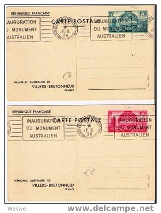 FS030/ FRANKREICH -  2 Bildganzsachen  – Einweihung Australien Denkmal – M.  Maschinenstempel - 1938 - Enteros Privados