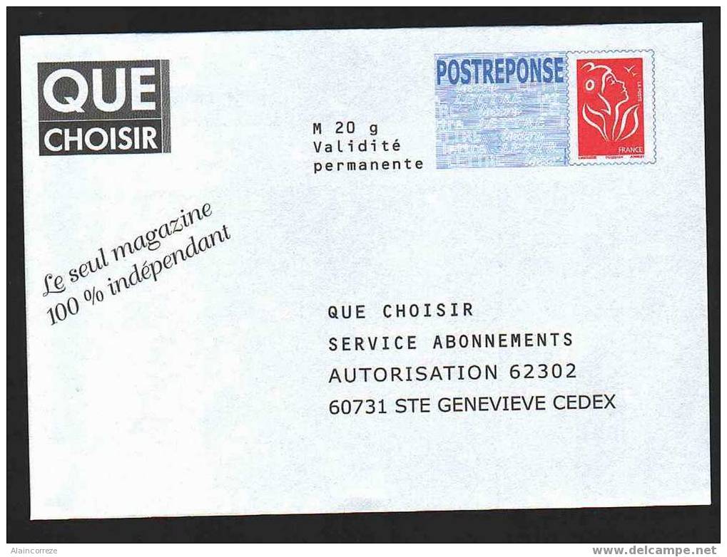 Entier Postal PAP Réponse Postreponse QUE CHOISIR Oise Ste Geneviève Autorisation 62302, N° Au Dos: 06P564 - Prêts-à-poster:Answer/Lamouche