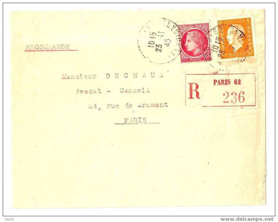 PARIS  BUREAU  N°62 RUE ST. FERDINAND  1° + 5°   EMISSION PROVISOIRE LIBERATION - 1944-45 Marianne (Dulac)