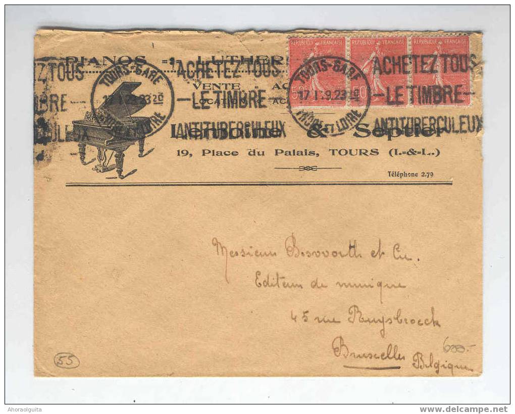 Enveloppe Illustrée PIANO France TOURS 1923  --  9/513 - Musique
