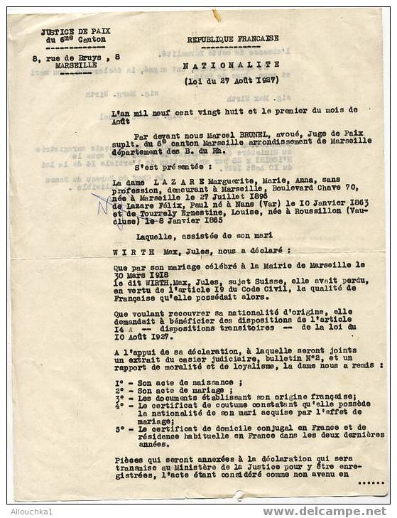 7MA 1927  JUSTICE DE PAIX MARSEILLE  NATIONALITE D'1 SUJET SUISSE ACQUISE PAR SON ACTE MARIAGE AVEC UNE FRANCAISE - Non Classés