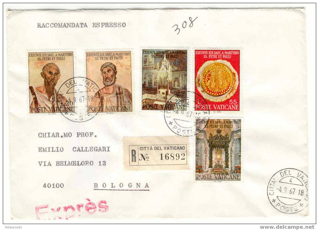 Vaticano - Busta Viaggiata Raccomandata Espressa Con Serie Completa: 19° Centenario Del Martirio Dei Santi Pietro E Paol - Used Stamps