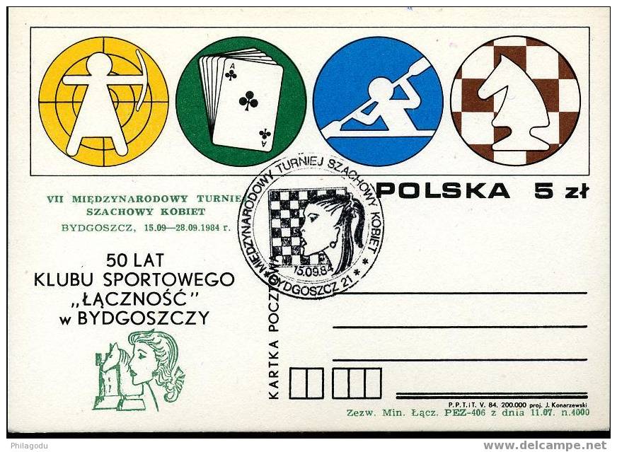 Pologne 1984, Entier Carte Postale, Sports : Tir à L’arc, Cartes Bridge, Canöe, échecs - Cartas & Documentos