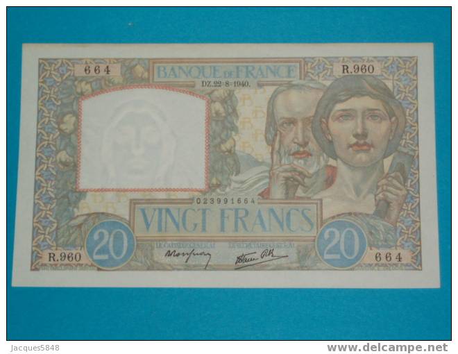 Billet 20fr) 20fr Science Et Travail - 22/8/1940 - R.960 - N° 664  -  5 Trous - Pas De Plis - - 20 F 1939-1942 ''Science Et Travail''