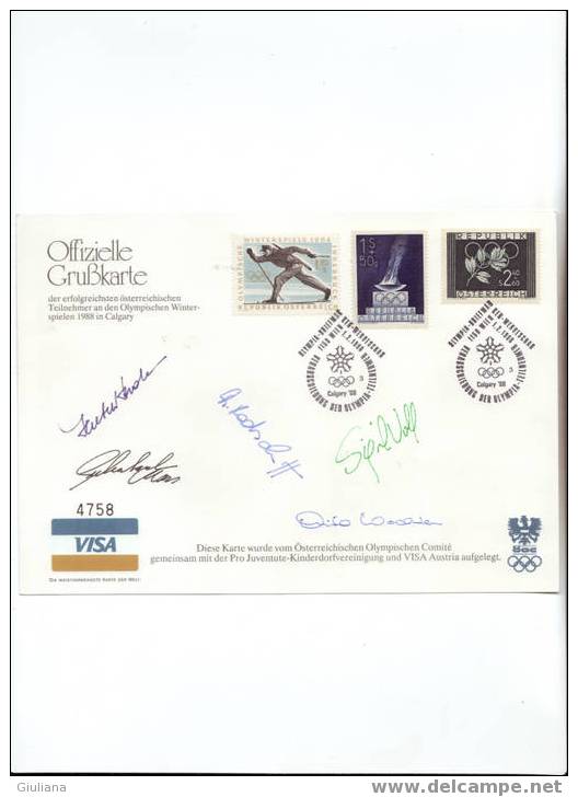 Austria - Maxixards "VISA" Con Due Ann. Figurati Al Retro E 5 Autografi Atleti AustriciCalgary 1988 - Inverno1988: Calgary