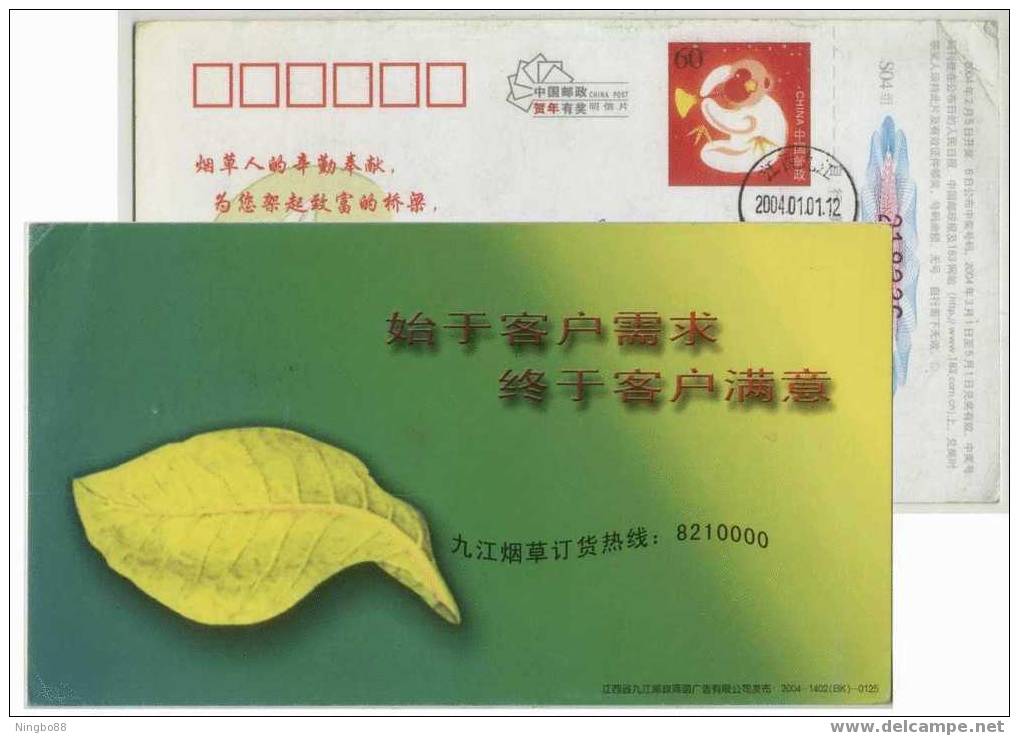 Golden Tobacco Leaf,China 2004 Jiujiang Cigarette Company Order Hotline Advertising Pre-stamped Card - Tabac