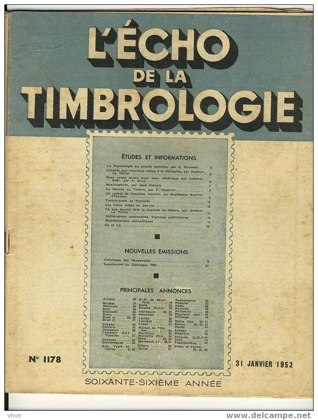 "L'ECHO DE LA TIMBROLOGIE" N° 1178, Janvier 1952 : Pologne, Cachet De Franchise Inconnu, Coins Datés, Flammes Pub... - French (from 1941)