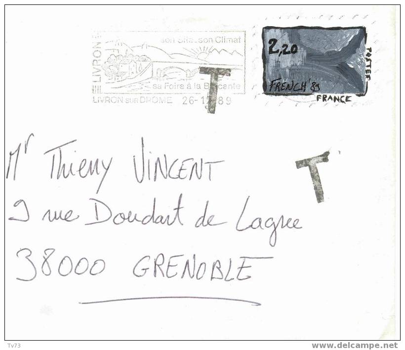 Lettre Avec Faux Timbre (peint Sur L´enveloppe) - Oblitération 26.12.1989 LIVRON Sur DROME - Storia Postale