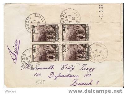 FS058 /  FRANKREICH - 4-er Block Mit Druckdatum – Wandergruppe Auf Brief Nach Zürich 1938 - Briefe U. Dokumente