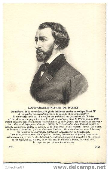 ECRIVAIN - HOMME CELEBRE - PORTRAIT Et RESUME HISTORIQUE De LOUIS CHARLES ALFRED DE MUSSET - EDITEUR ND N° 401 - - Philosophie & Pensées