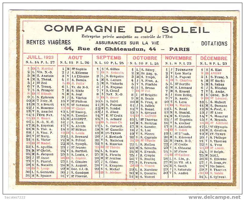 PETIT CALENDRIER 1923 - Tamaño Pequeño : 1921-40