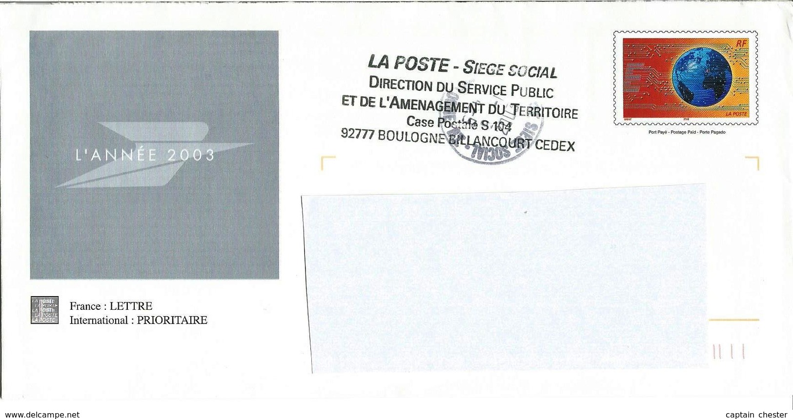 PRET A POSTER ( PAP ) VOEUX DES POSTIERS 2002/2003 Oblitéré Siège Social De La Poste Boulogne Billancourt - Prêts-à-poster:Stamped On Demand & Semi-official Overprinting (1995-...)