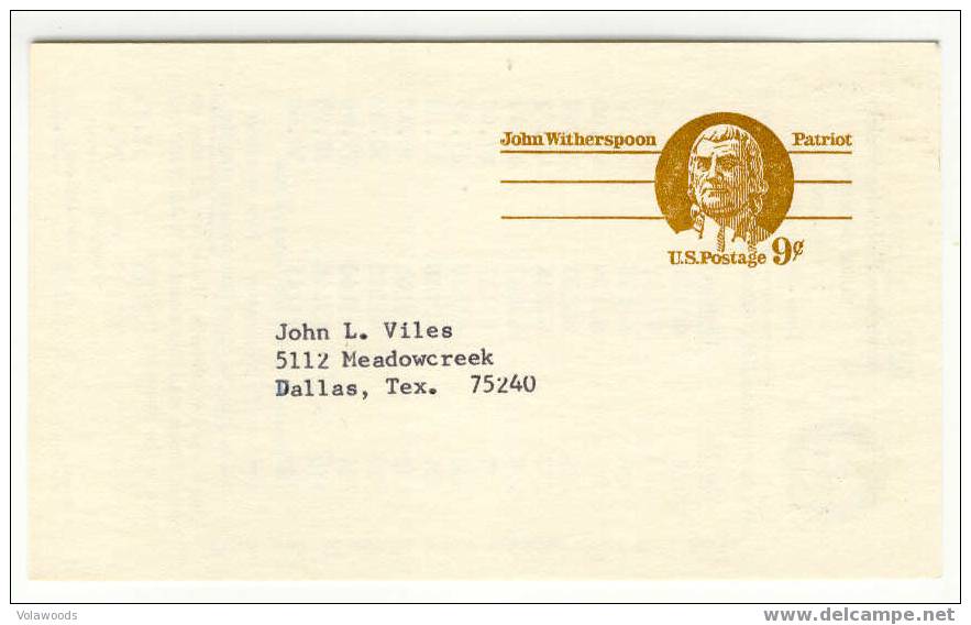 USA - Cartolina Postale Usata Serie Patrioti: John Witherspoon - 1961-80