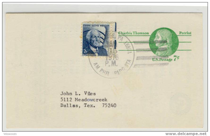 USA - Cartolina Postale Usata Serie Patrioti: Charles Thomson Con 1 Francobollo Aggiunto - 1961-80