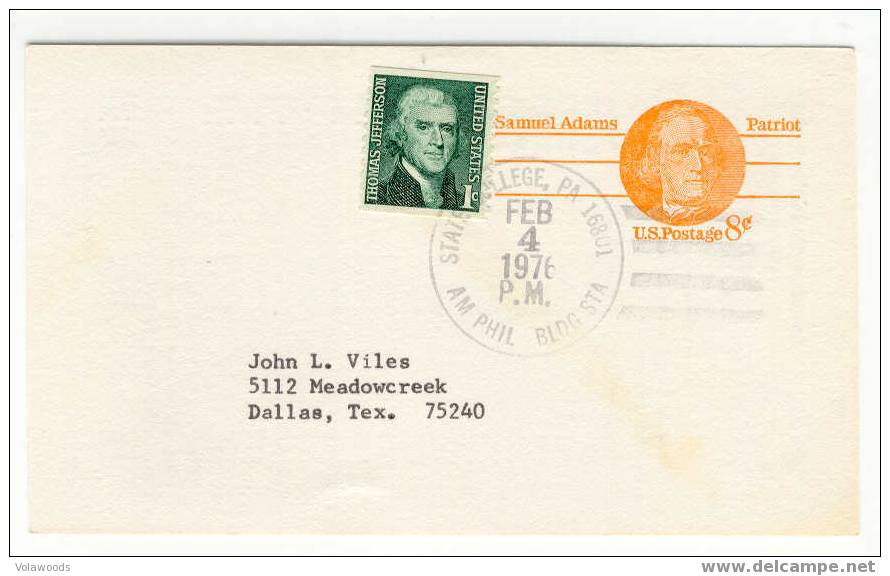 USA - Cartolina Postale Usata Serie Patrioti: Samuel Adams Con 1 Francobollo Aggiunto - 1961-80