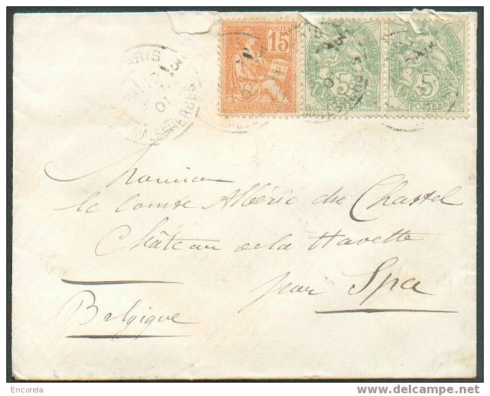 N°11A(2)-117 Obl. Dc PARIS S/Enveloppe Vers Spa. AD 23 - 1720 - 1900-02 Mouchon